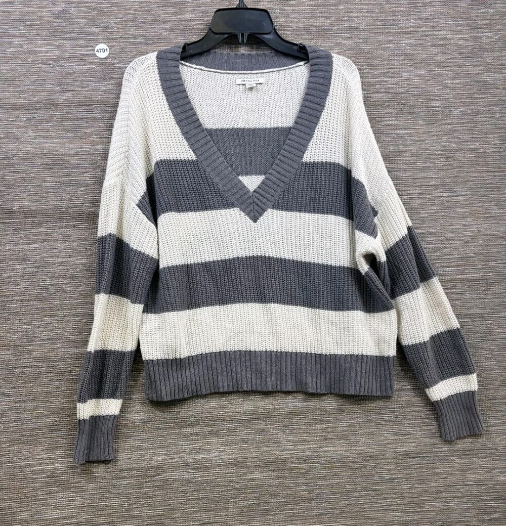 American Eagle Womens Gray Cream Oversized Slouchy Deep V-Neck Sweater Size M